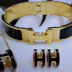 New Hermes Style Clic Black Bracelet Earrings & Necklace Jewelry Set